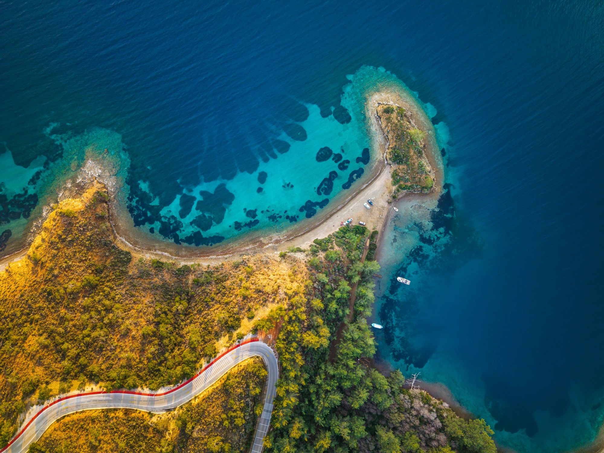 Aerial view of a scenic bay destination